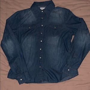 Denim button down shirt.